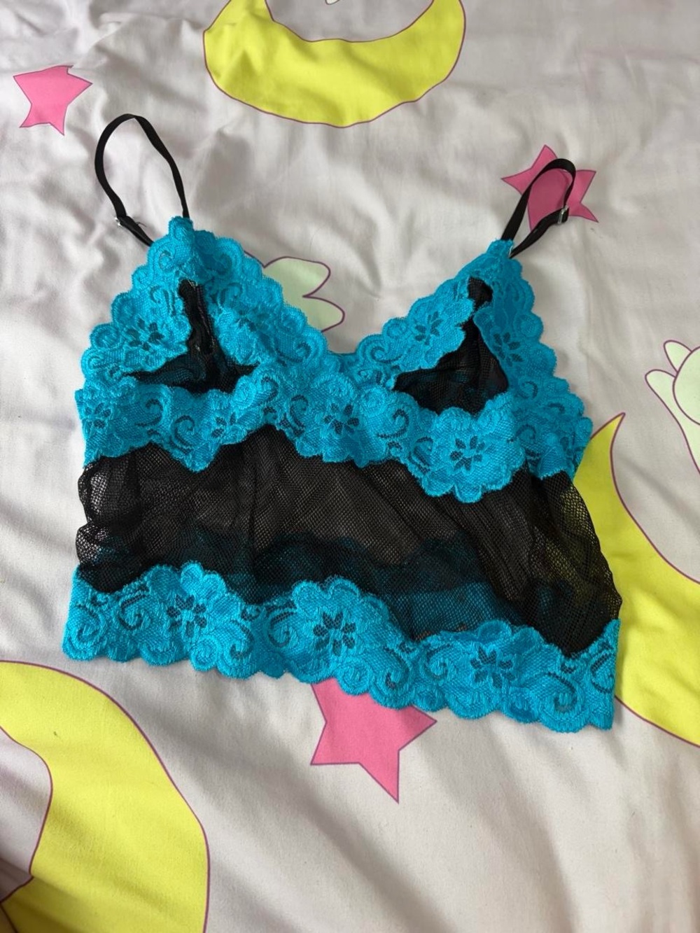 Black Mesh Sheer Cropped Camisole with Teal Lace Trim